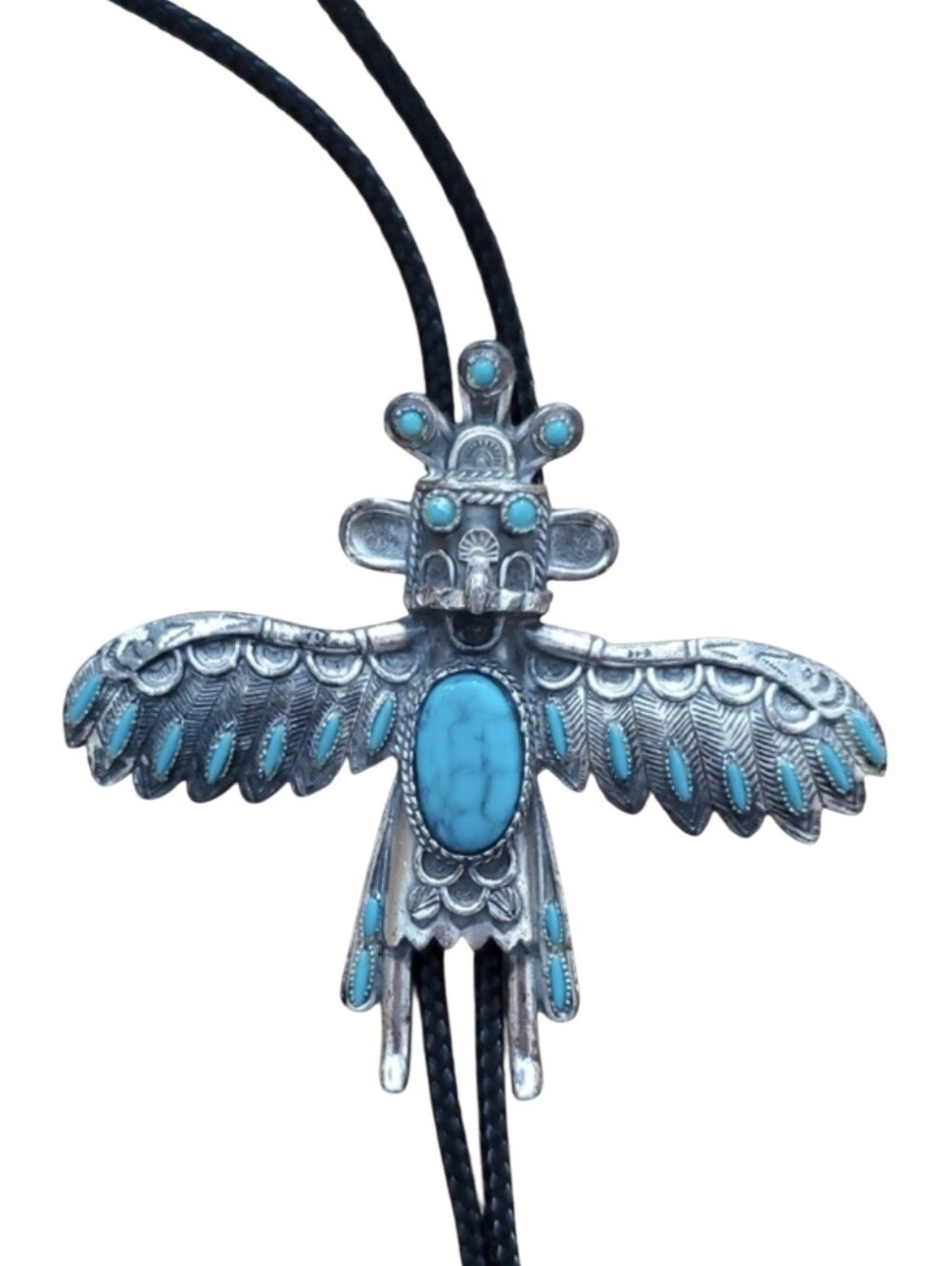 Sancrest Faux Turquoise Vtg 50s‎ Silver Thunderbird Kachina Pendant Bolo Tie